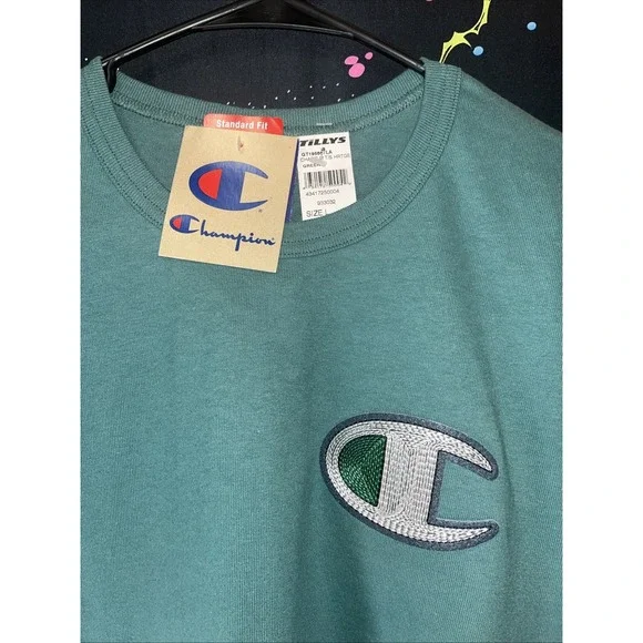 Champion Mens Shirt L Green Big‎ Logo Floss Stich Short Sleeve Embroidered - Picture 2 of 6